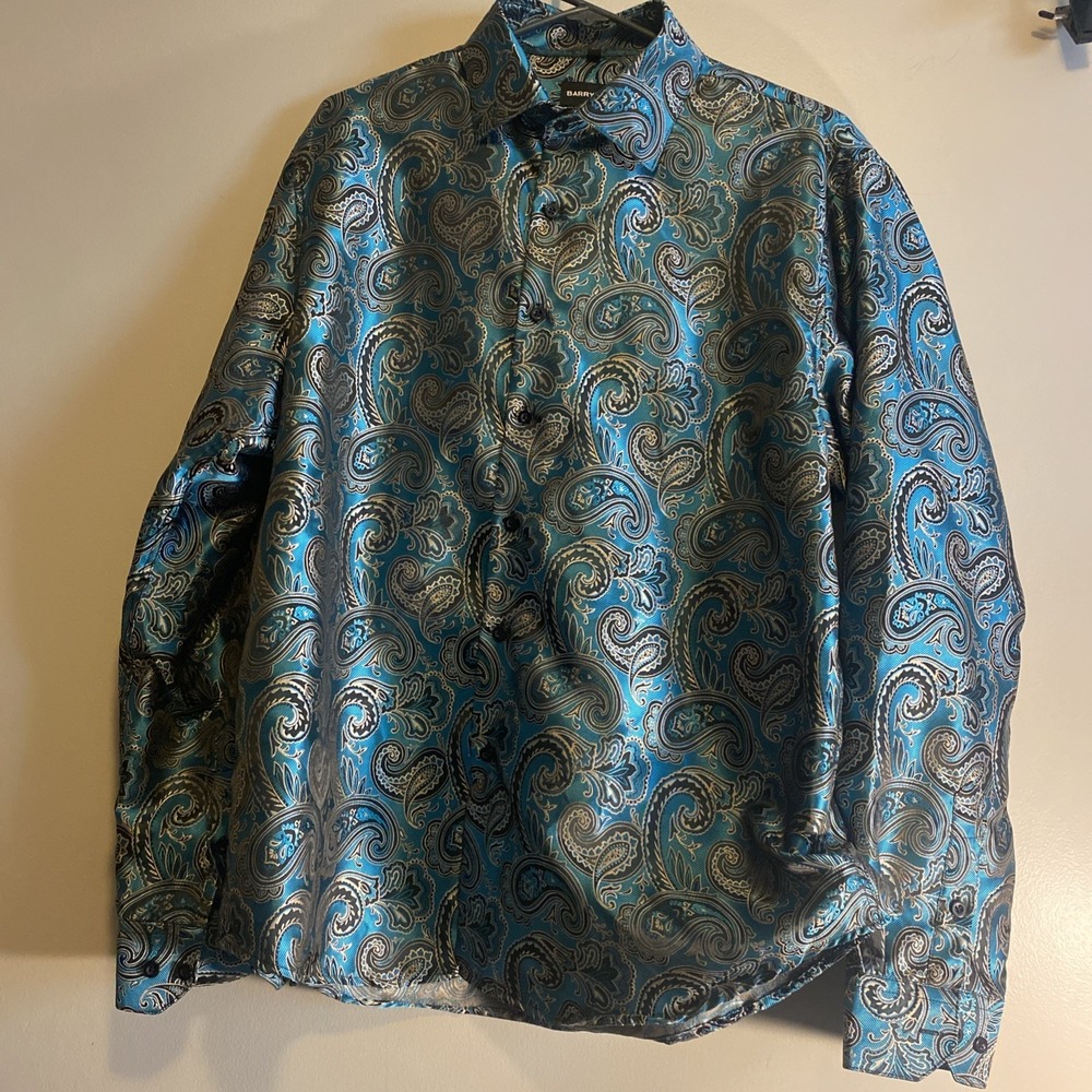 Barry Wang Bold Satin Paisley long sleeve button down men XL teal gold